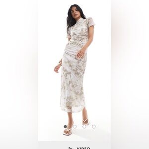 ASOS DESIGN short sleeve drape mesh maxi dress with ruching in khaki tie dye